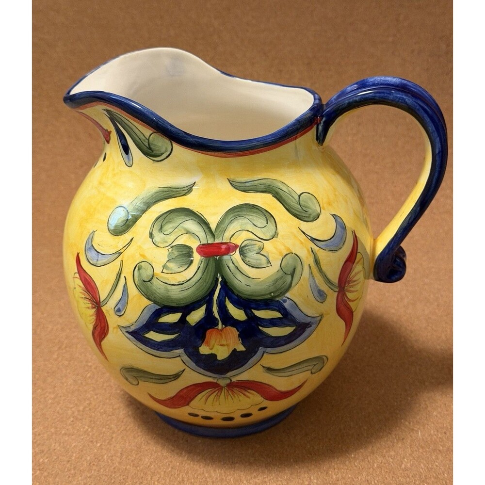 Yellow Tatouage Hand Painted Floral Ceramic Pitcher w/ Handle F-26 China